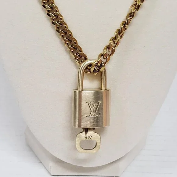 Auth Louis Vuitton Lock&Key Gold w/Unbranded Cuban Style Stainless Double Chain - Picture 6 of 14